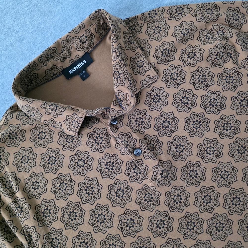 Express Mens XL Tan Black Mandala Floral Print Short Sleeve Polo Shirt